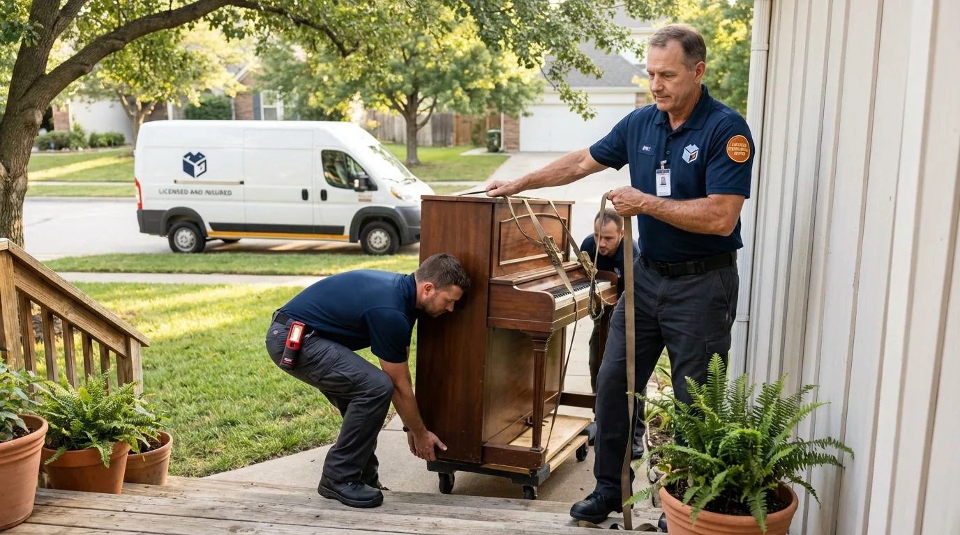Licensed piano movers securing grand piano in Elmira, NY
