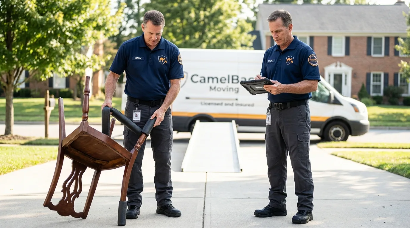 Movers inspecting furniture for damage prevention before loading in Elmira, NY