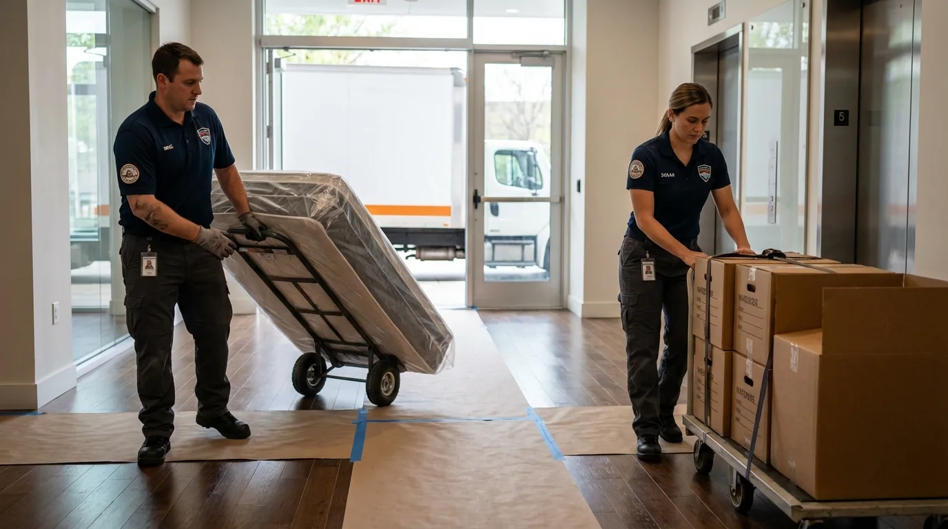 Professional apartment movers loading elevator in Elmira, NY