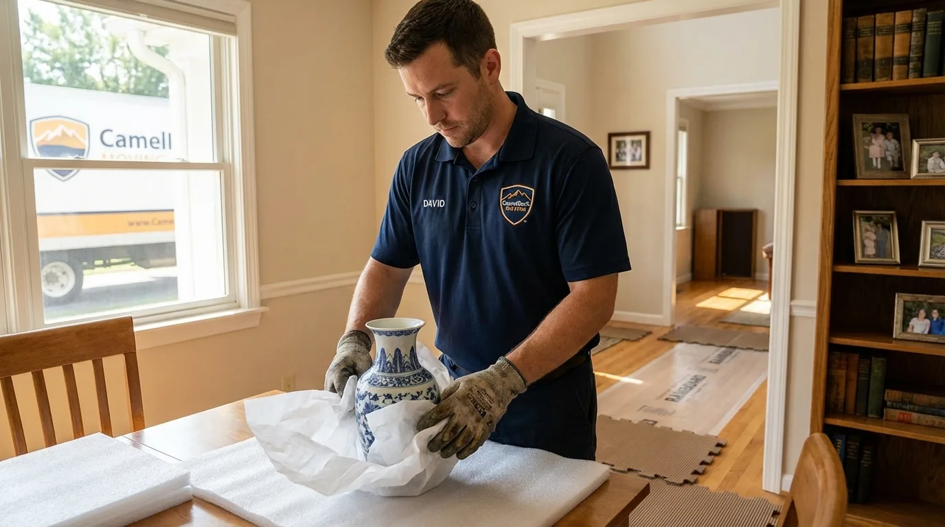 Professional crew carefully wrapping antique vase for senior downsizing move in Elmira, NY